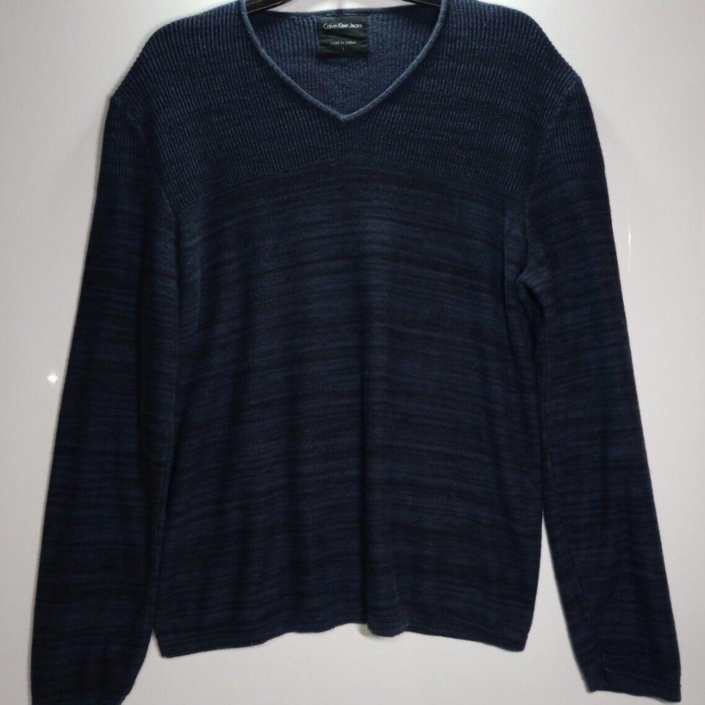 Calvin Klein Long Sleeve V Neck Dark Blue Knit Pullover Sweater Men's Size L